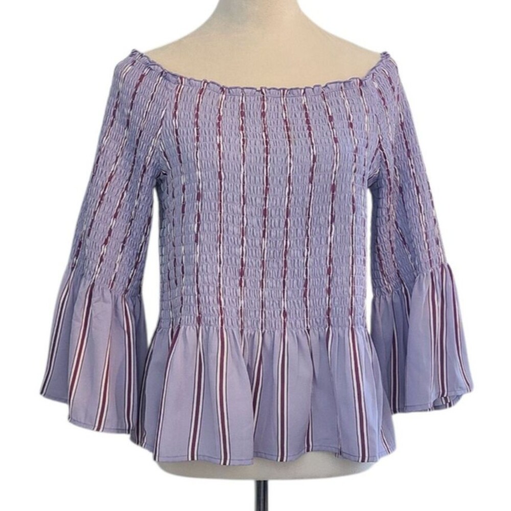 Candie's XL Purple Pop Stripe Smocked Marilyn Top Milk Maid Bell Sleeve Ruffle